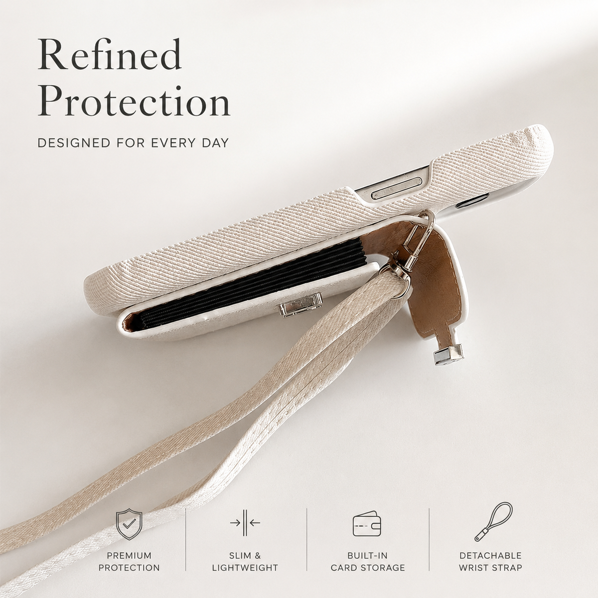 A cream wallet case is viewed from the bottom edge, showing the gap beneath its wallet panel, phone port openings and metal strap clasps.