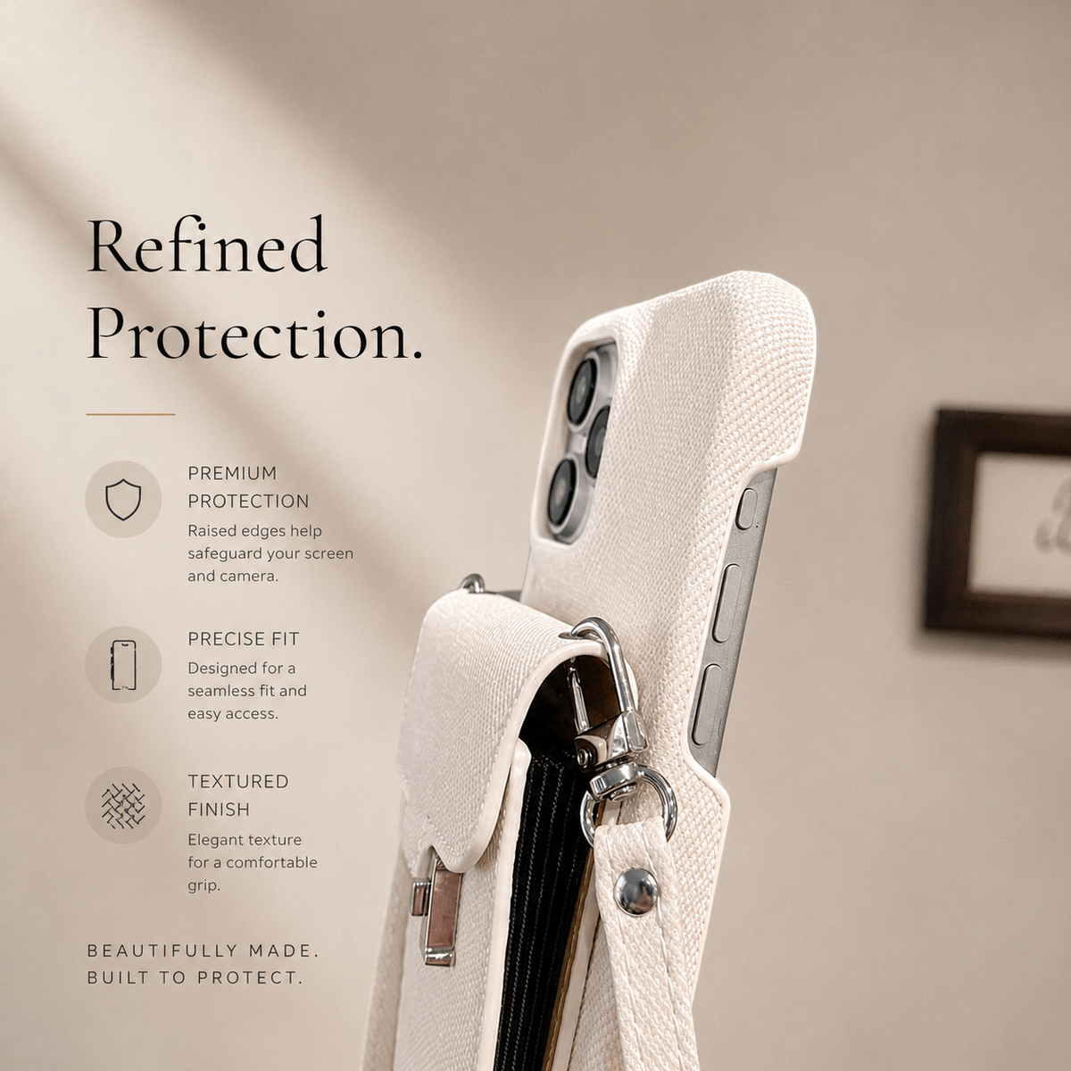 A close angled view shows a cream case with its rear pocket opened slightly and straps clipped to side loops. Callouts describe protection, fit and textured finish.