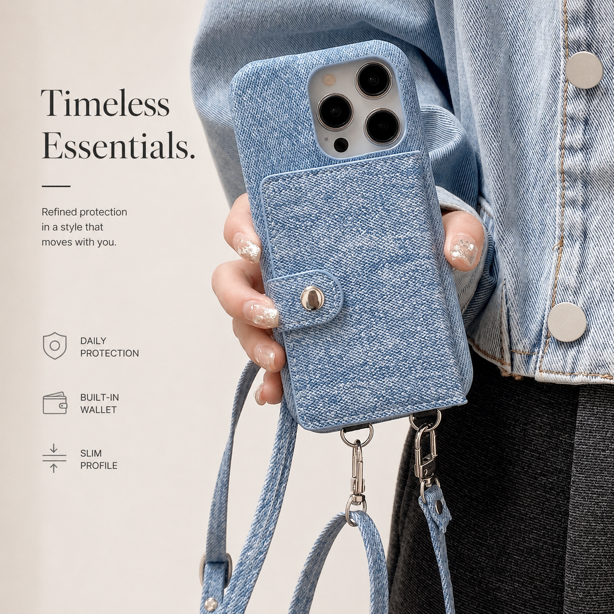 A person wearing a blue denim jacket holds a blue textured case with its snap-tab wallet panel facing outward. Two detachable straps hang from the bottom.