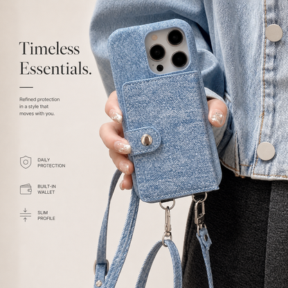 A person wearing a blue denim jacket holds a blue textured case with its snap-tab wallet panel facing outward. Two detachable straps hang from the bottom.