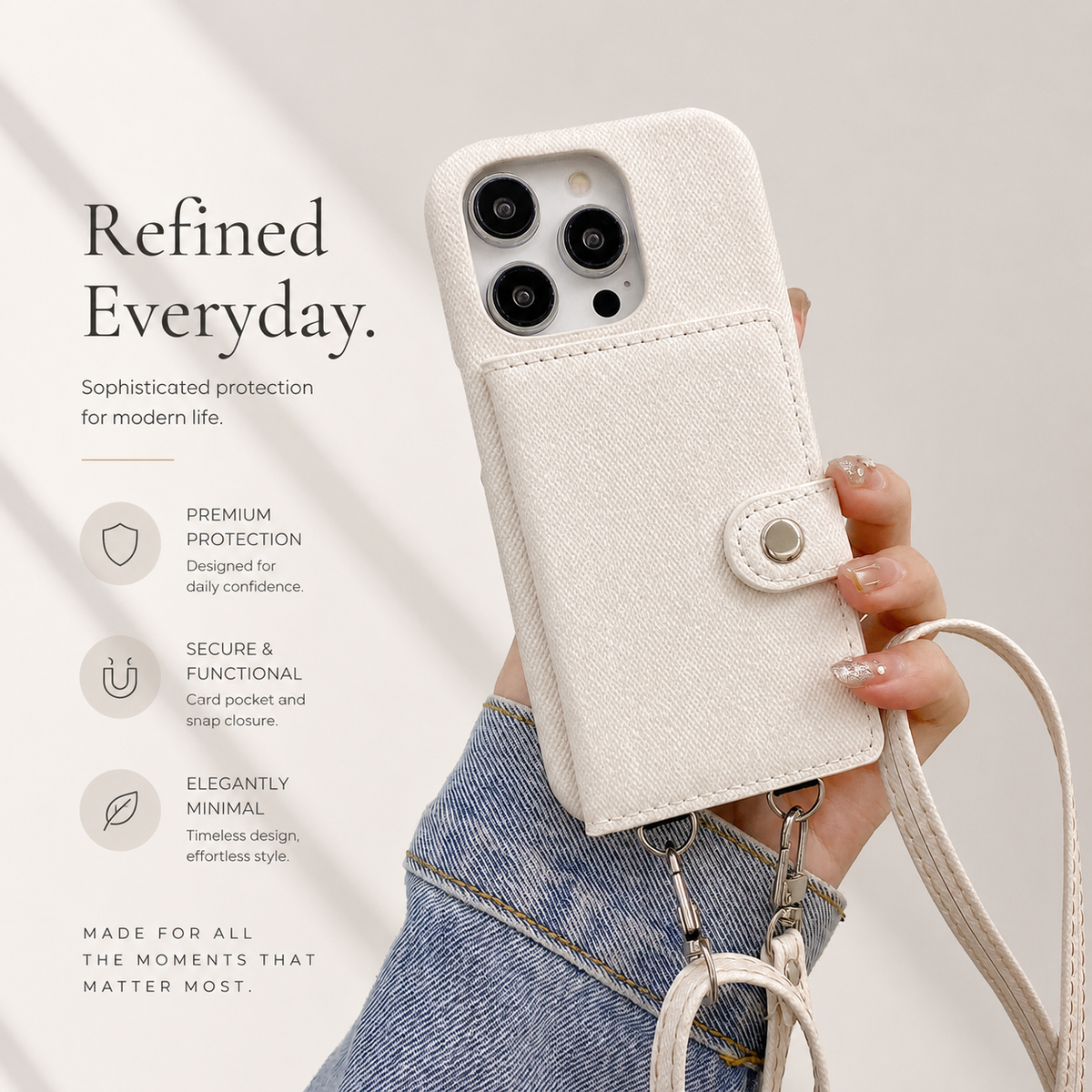 A hand in a denim sleeve holds a cream textured case, showing its stitched rear wallet panel and snap-tab closure. A cream strap hangs below.