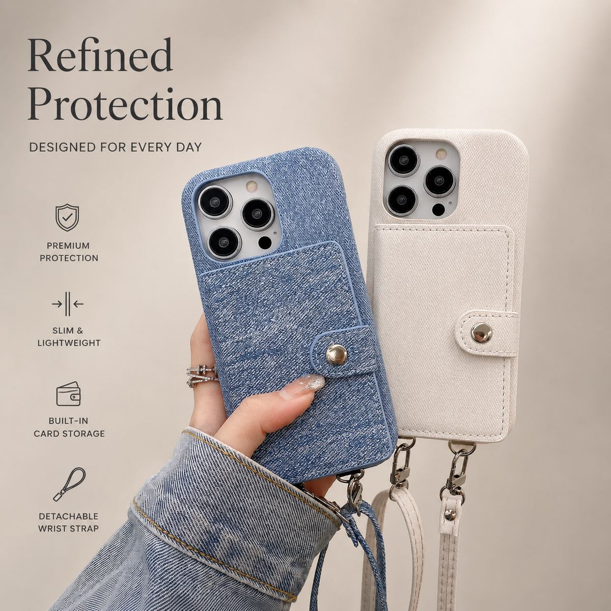 A hand holds blue and cream snap-tab wallet cases side by side against a pale background. Their textured finishes and detachable straps are visible.