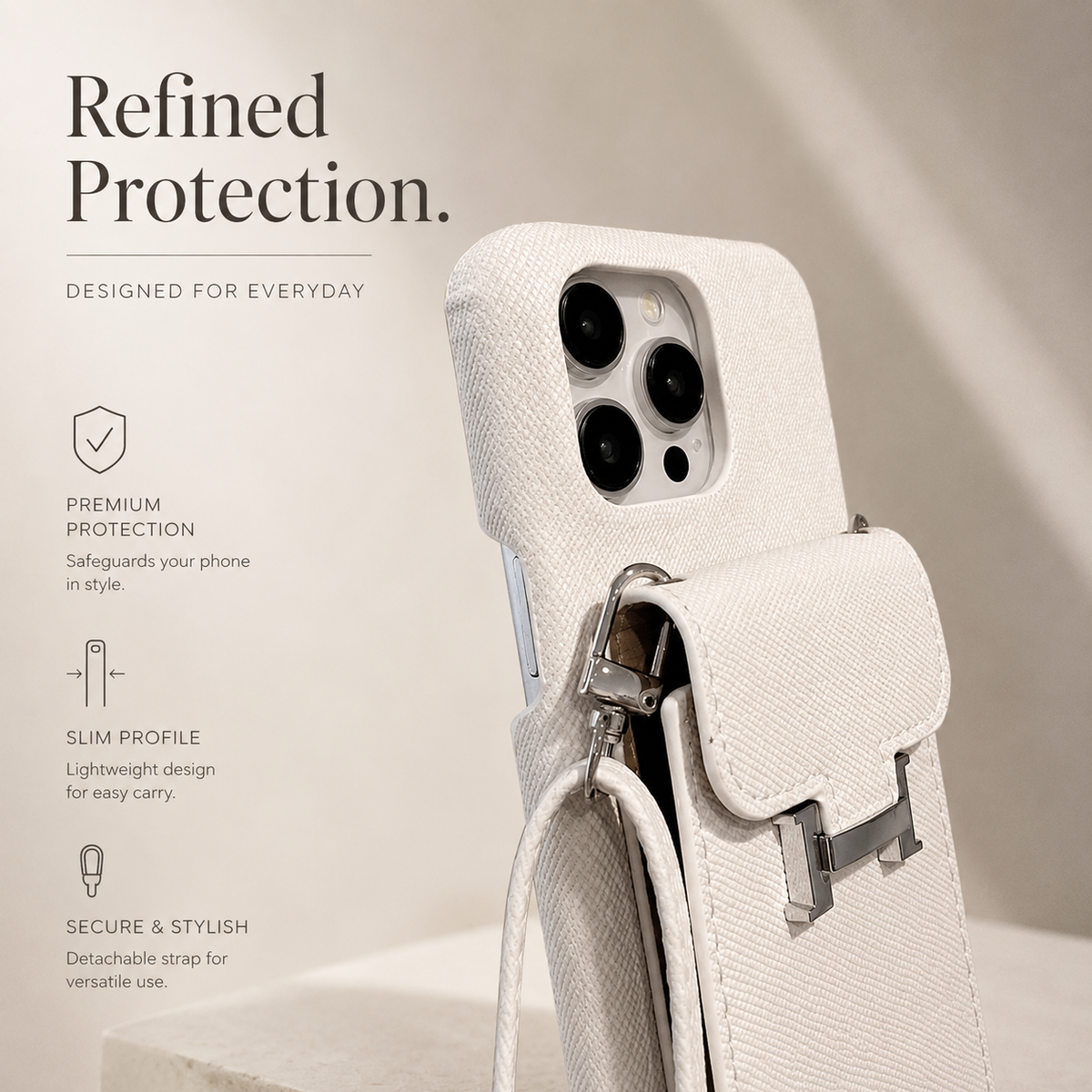 A cream case stands against a pale background with its rear flap pocket and silver H-shaped clasp visible. A matching strap hangs from its side attachment.