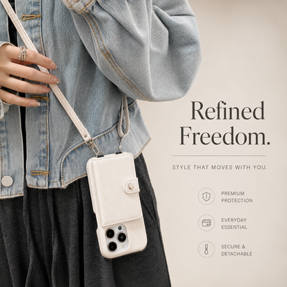 A person in a denim jacket wears a cream wallet case on a long crossbody strap, hanging near the hip with the camera end downward.