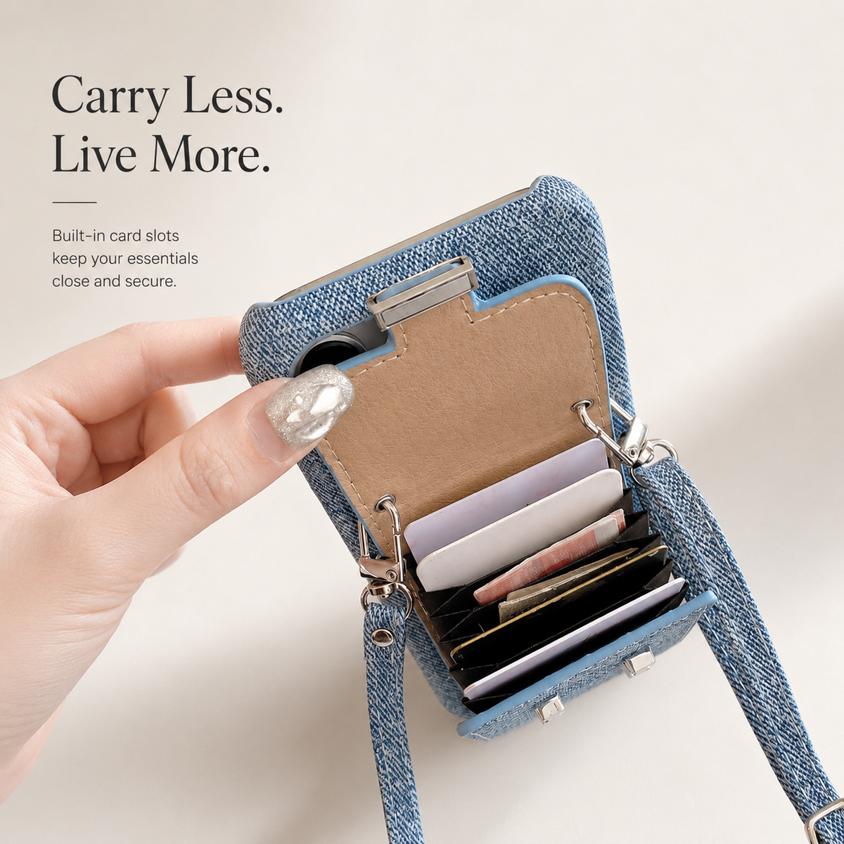 A hand opens the rear flap pocket of a blue textured case, revealing several cards stacked in its accordion-style compartment. The heading reads Carry Less. Live More.