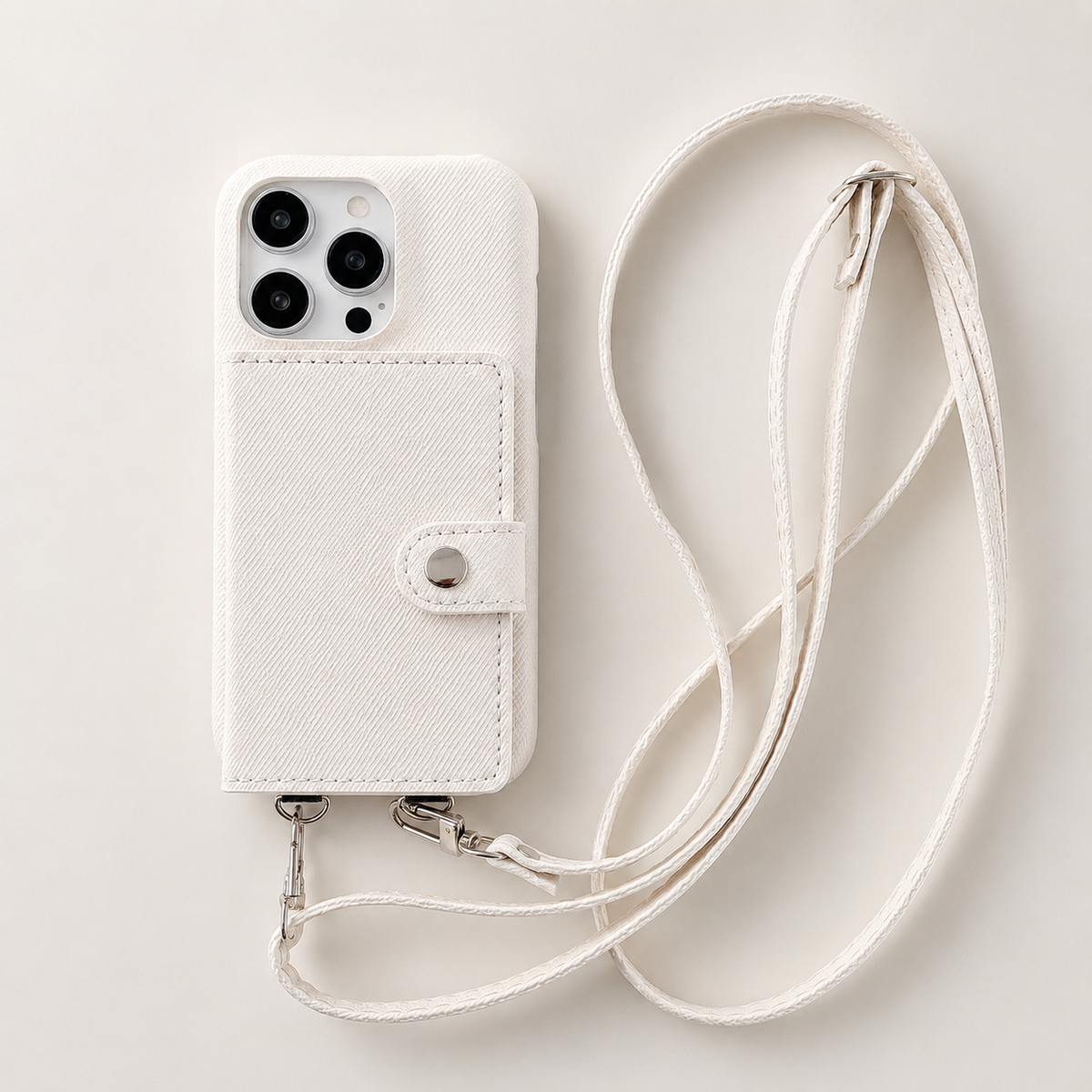 A cream woven-textured case lies on a pale surface beside its long matching strap. A stitched wallet panel with a small snap tab covers the back.