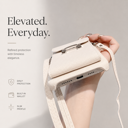 A hand tilts a cream case to show the bottom charging-port and speaker openings, rear flap pocket and strap attachments. The heading reads Elevated. Everyday.