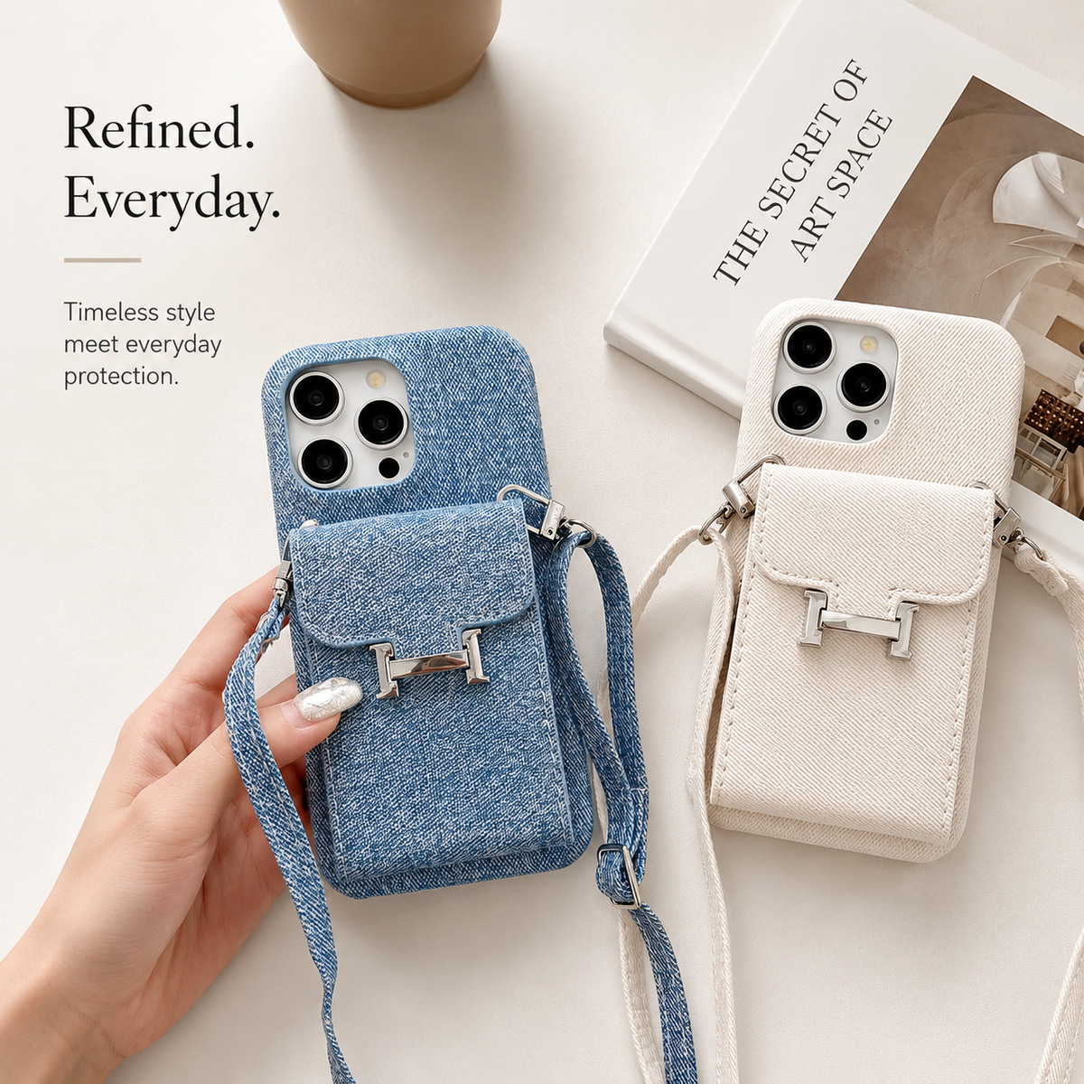 A hand holds a blue pocket case beside a cream version lying on a table near a book. Both show textured backs, silver H-shaped clasps and matching straps.