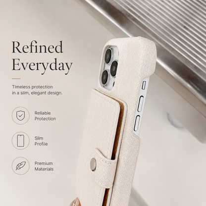 A close side view shows a cream case's textured wallet panel, snap tab, camera surround and exposed phone buttons. The heading reads Refined Everyday.