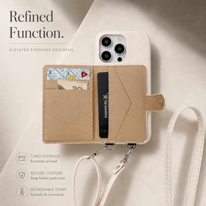 A cream case's wallet panel is opened to reveal tan card slots holding cards and a folded banknote. A cream strap hangs below, with text describing storage and a secure closure.