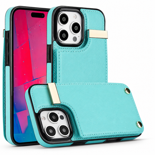 Front, rear and horizontal views show a turquoise wallet case with black edges, a stitched rear flap, gold-colored tab and two round fasteners.