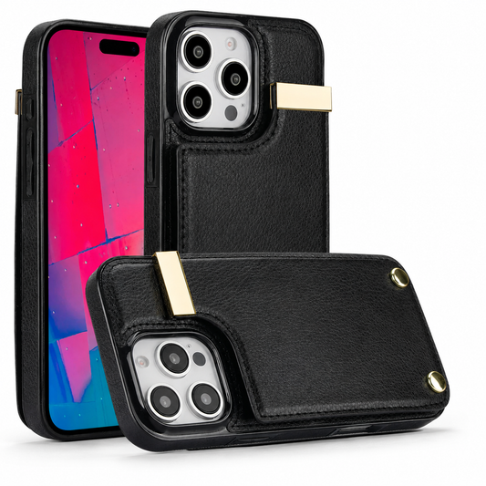 Front and rear views of a black wallet case appear beside a horizontal rear view. A stitched back flap has a gold-colored rectangular tab and two round gold-colored fasteners.