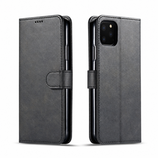 Closed front and rear views show a dark gray leather-look folio phone case against white, with stitched borders, a tab clasp, speaker holes and rectangular camera opening.