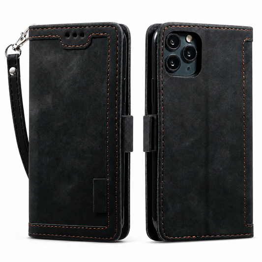 Front and rear views of a black flip wallet phone case stand on a white background. Contrasting stitching outlines the rectangular cover, a small tab closes at the side and a matching wrist strap hangs from a silver clasp. Small earpiece holes sit above the front panel, and a camera opening appears on the back.
