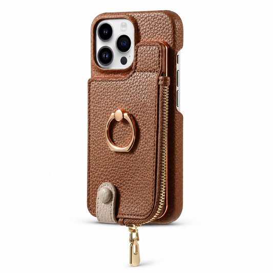 A brown pebbled wallet case stands upright, with a gold-colored zipper, circular back ring and pale closure tab at the bottom.