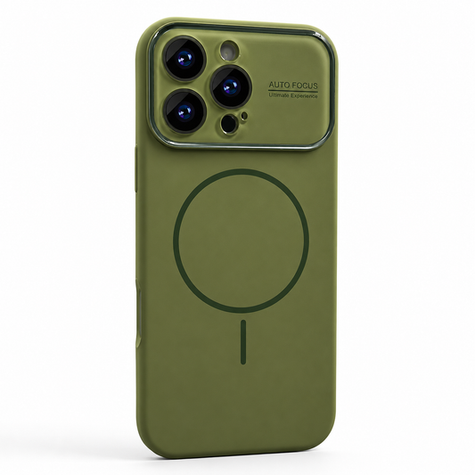 Olive green matte magnetic case stands upright against white, with a darker green circular mark and a wide glossy camera panel.