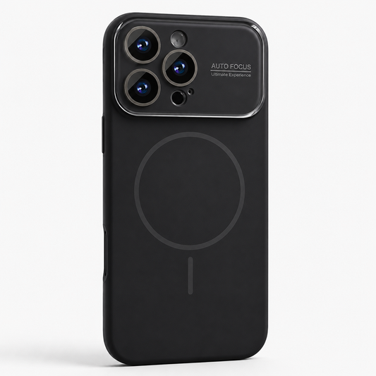 Black matte magnetic phone case stands upright against white, with a gray circular mark and a wide glossy camera panel printed Auto Focus.