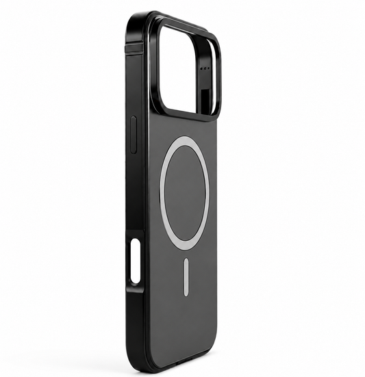 An empty dark gray phone case stands at an angle on white. A shiny black frame surrounds its matte back, large camera opening and silver-colored circular magnetic marking.