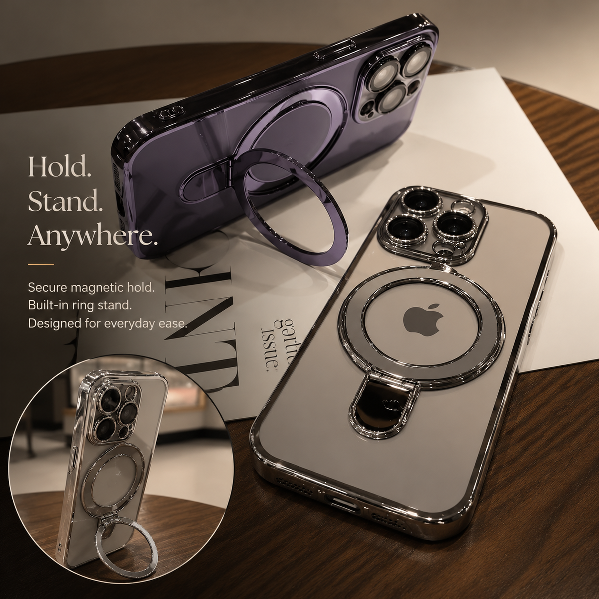 A purple phone rests horizontally on its unfolded ring stand beside a silver case on a printed page. An inset shows portrait support.