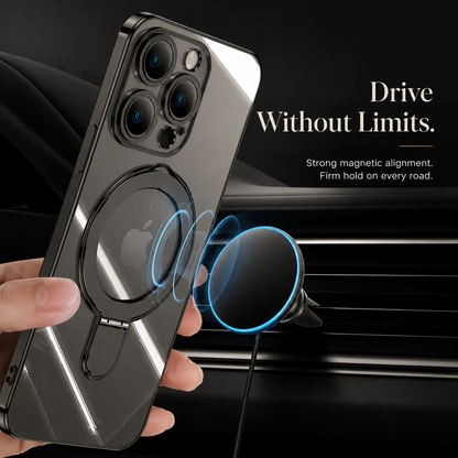 A hand brings a silver-gray clear-cased phone toward a circular car-vent mount. Blue rings illustrate advertised magnetic alignment.