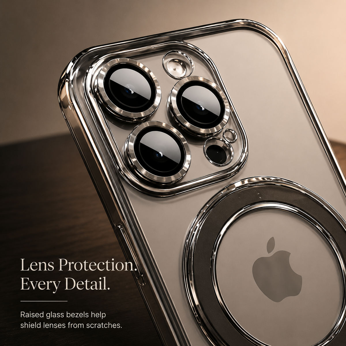 A close-up of a silver clear case shows three raised glossy lens borders and the circular back ring below. Text promotes lens protection.