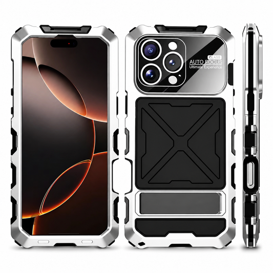 Front, rear and side views show a silver-and-black rugged case with a glossy camera panel and square X-patterned rear insert.