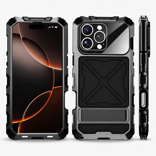 Front, rear and side views show a black-and-gray rugged case with a glossy camera panel, square X-patterned back insert and thick reinforced corners.