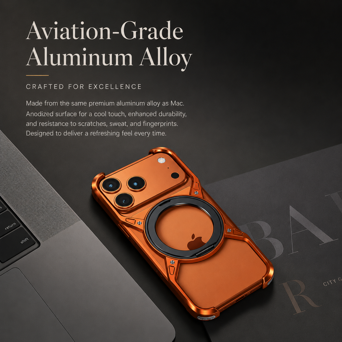 An orange open-frame phone case lies beside a laptop on gray. Text advertises aluminum-alloy construction, cooling and resistance to scratches, sweat and fingerprints.