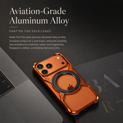 An orange open-frame phone case lies beside a laptop on gray. Text advertises aluminum-alloy construction, cooling and resistance to scratches, sweat and fingerprints.