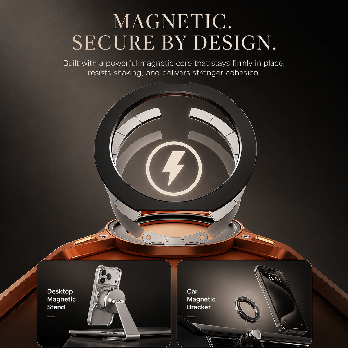 A cutaway illustration shows magnets inside the orange case's circular ring. Lower panels show a desktop stand and car mount; text advertises magnetic attachment.