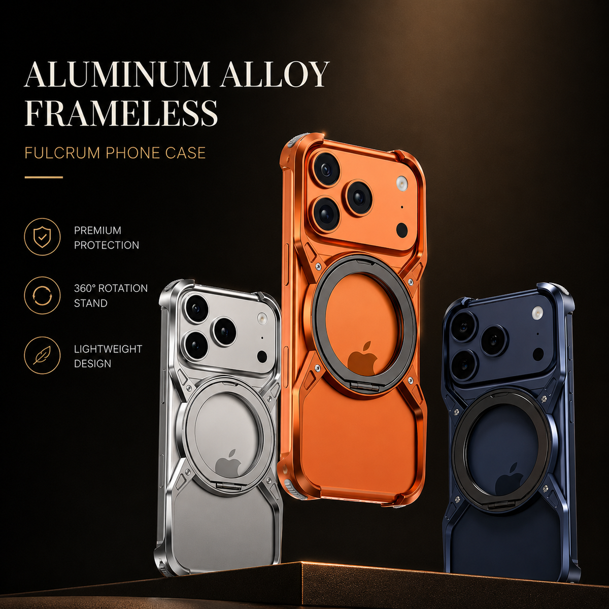 Silver-colored, orange and blue open-frame phone cases stand on staggered platforms. Text advertises protection, a rotating stand and light weight.