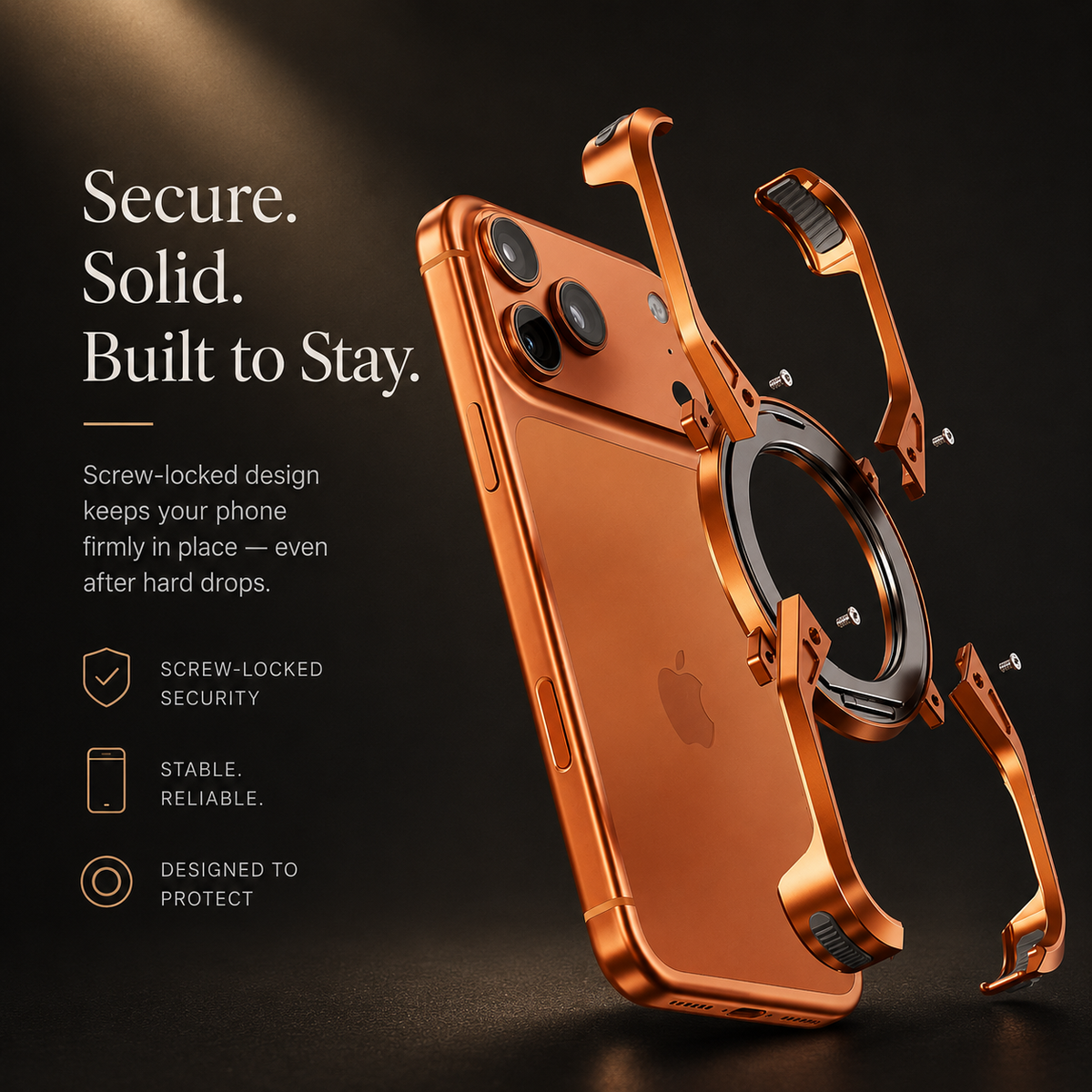 An orange frame separates from its phone, with small screws illustrated near the corners. Text describes a screw-locked design for secure attachment.