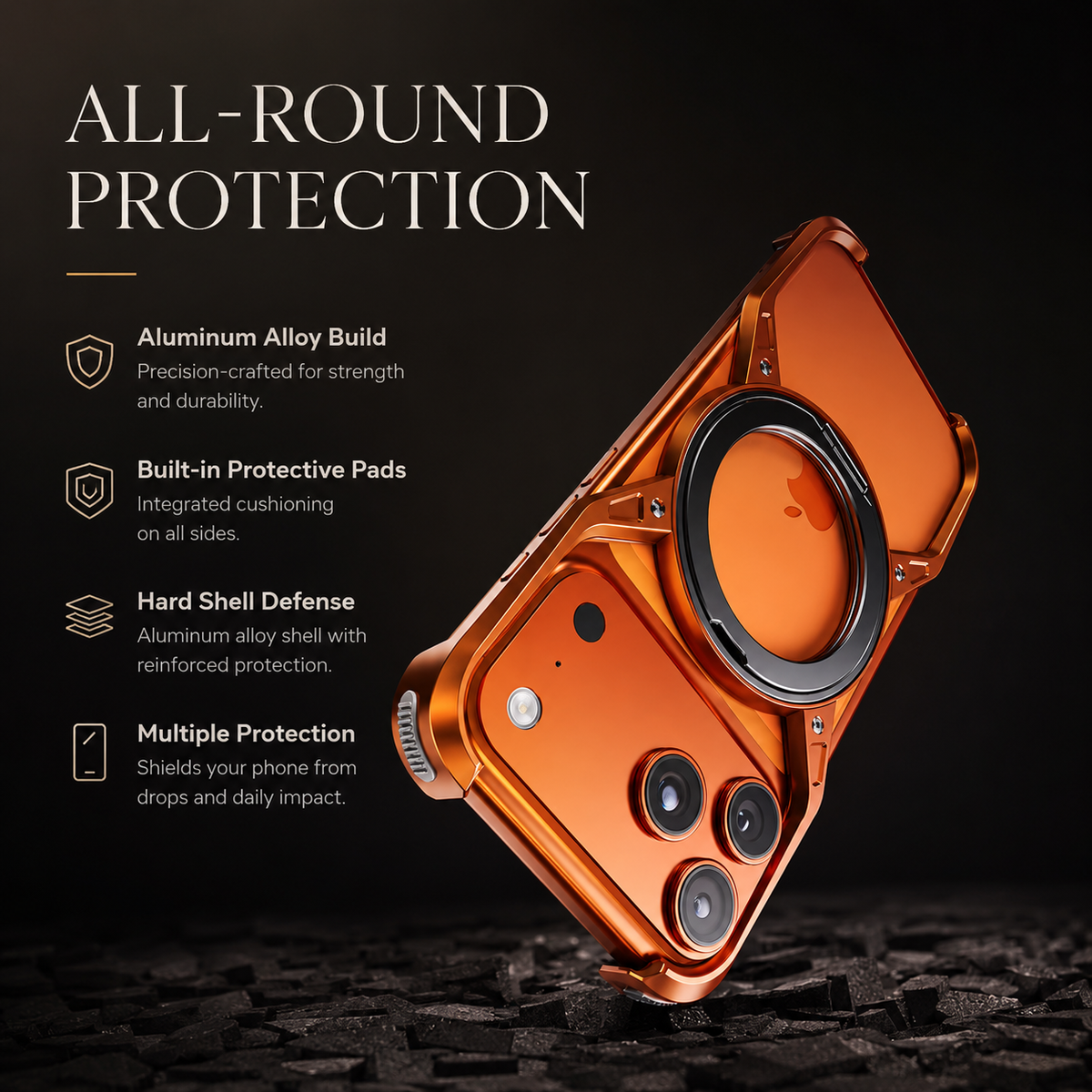 An orange open-frame phone case is illustrated landing diagonally on rough ground. Text advertises alloy construction, protective pads and impact protection.