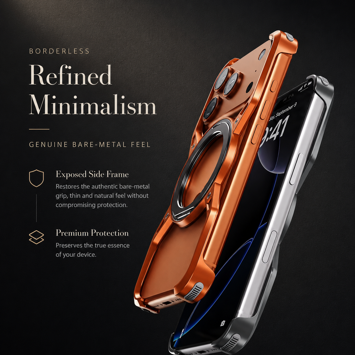 Rear and front views of an orange open-frame case float against gray. Text describes exposed sides, a bare-phone feel and protection.