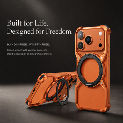 Two orange open-frame phone cases stand together, one upright and one horizontal on its extended ring. Text describes hands-free viewing and magnetic alignment.