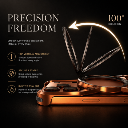 A close side view shows the orange case's ring moving through several stand positions, with a curved arrow labeled 100 degrees. Text describes stable vertical adjustment.