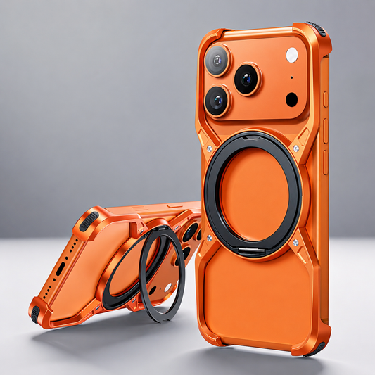 Two orange phones wear matching open-frame cases with circular rings and corner bumpers. One stands upright; the other rests horizontally with its ring extended as a stand.