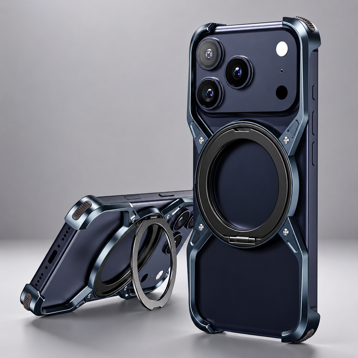 Two blue phones wear matching open-frame cases with circular rings and corner bumpers. One stands upright; the other rests horizontally with its ring extended as a stand.
