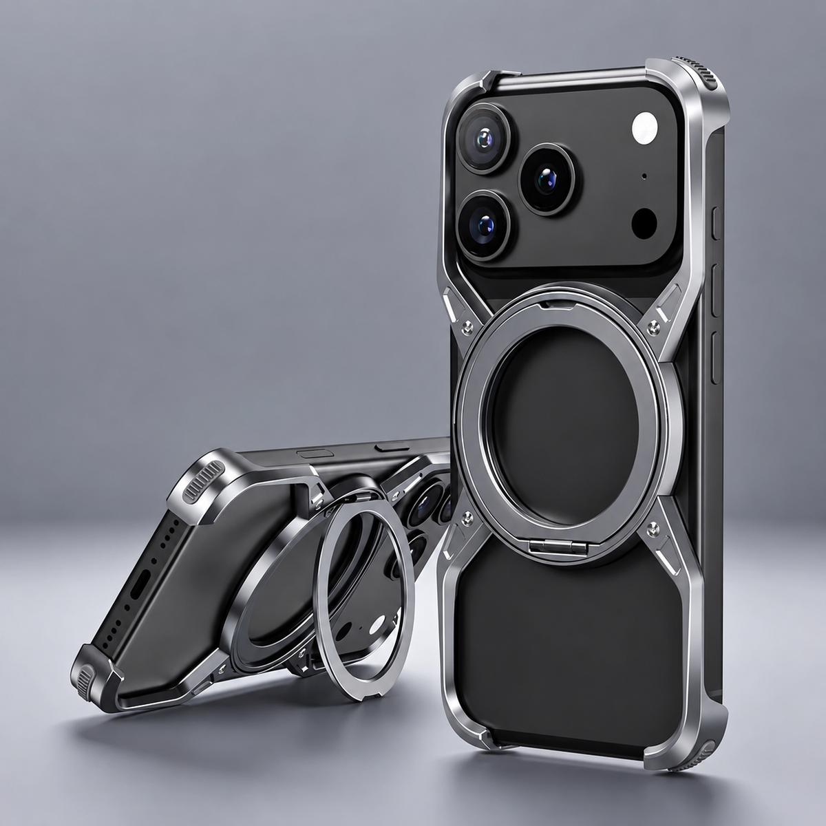 Two black phones wear silver-colored open-frame cases with circular rings and corner bumpers on gray. One stands upright and the other rests on its extended ring.