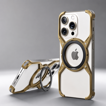 Two white phones wear gold-colored open-frame cases with dark circular rings. One stands upright; the other rests horizontally with its ring extended.
