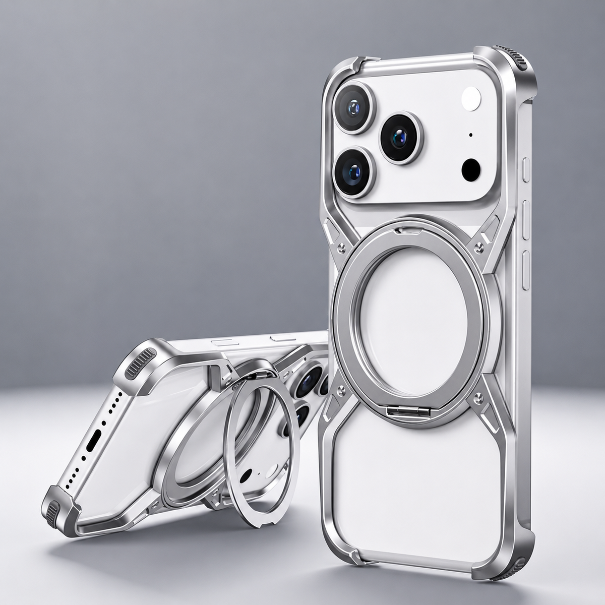 Two white phones wear silver-colored open-frame cases with circular rings. One stands upright; the other rests horizontally with its ring extended.