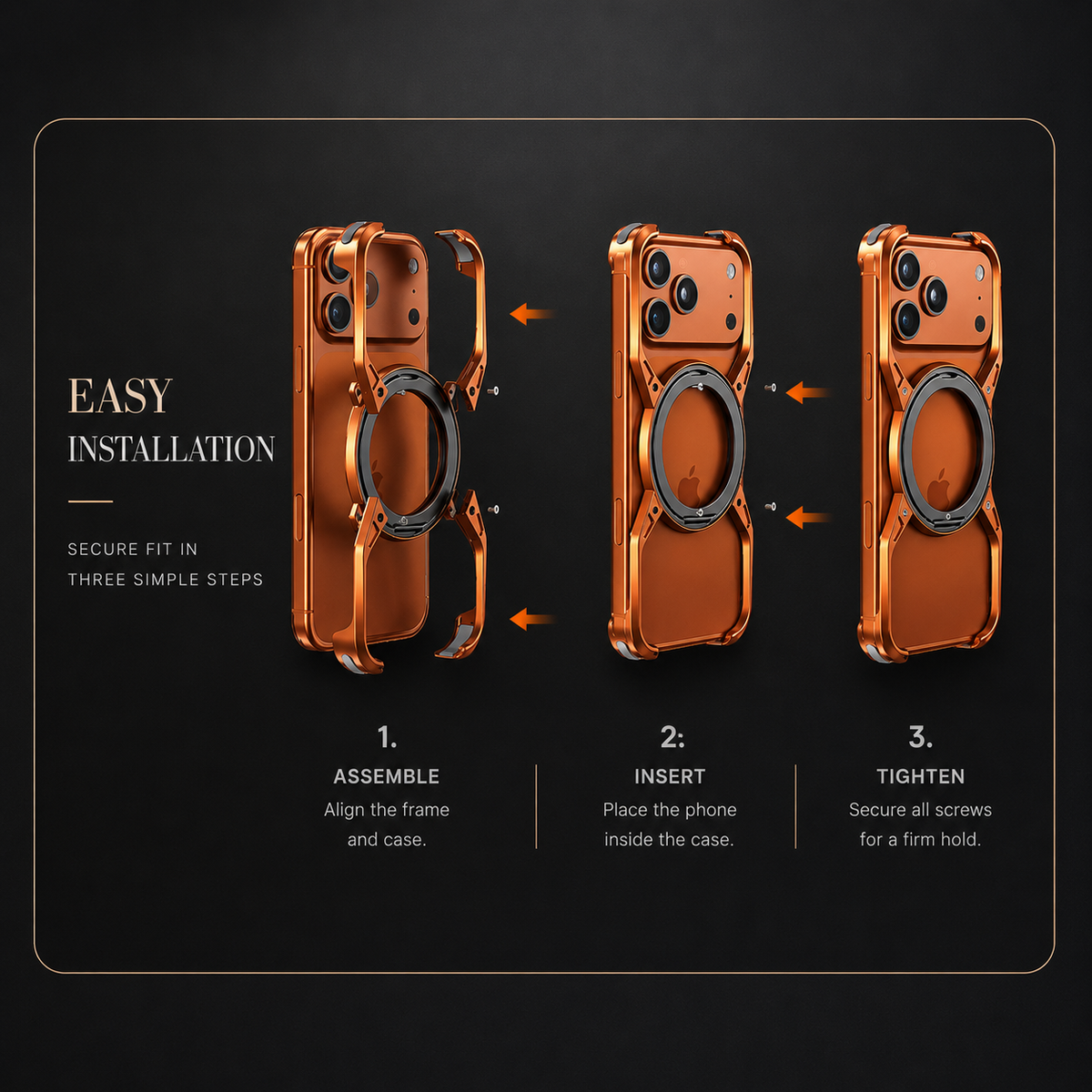 Three installation steps show assembling an orange frame, inserting a phone and tightening its screws. Arrows indicate how the parts join.
