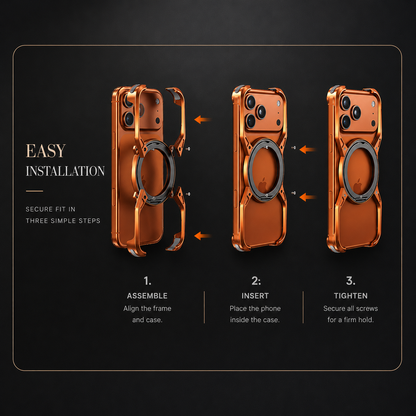 Three installation steps show assembling an orange frame, inserting a phone and tightening its screws. Arrows indicate how the parts join.