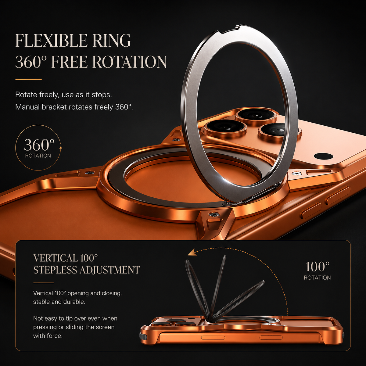 A close-up shows the orange case's ring extended with rotation arrows. Text labels 360-degree ring rotation and 100-degree vertical adjustment.