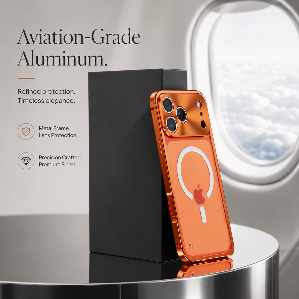 Orange-framed phone stands rear-forward against a dark block on a mirrored round table near a window. Text advertises aluminum construction and a precise finish.