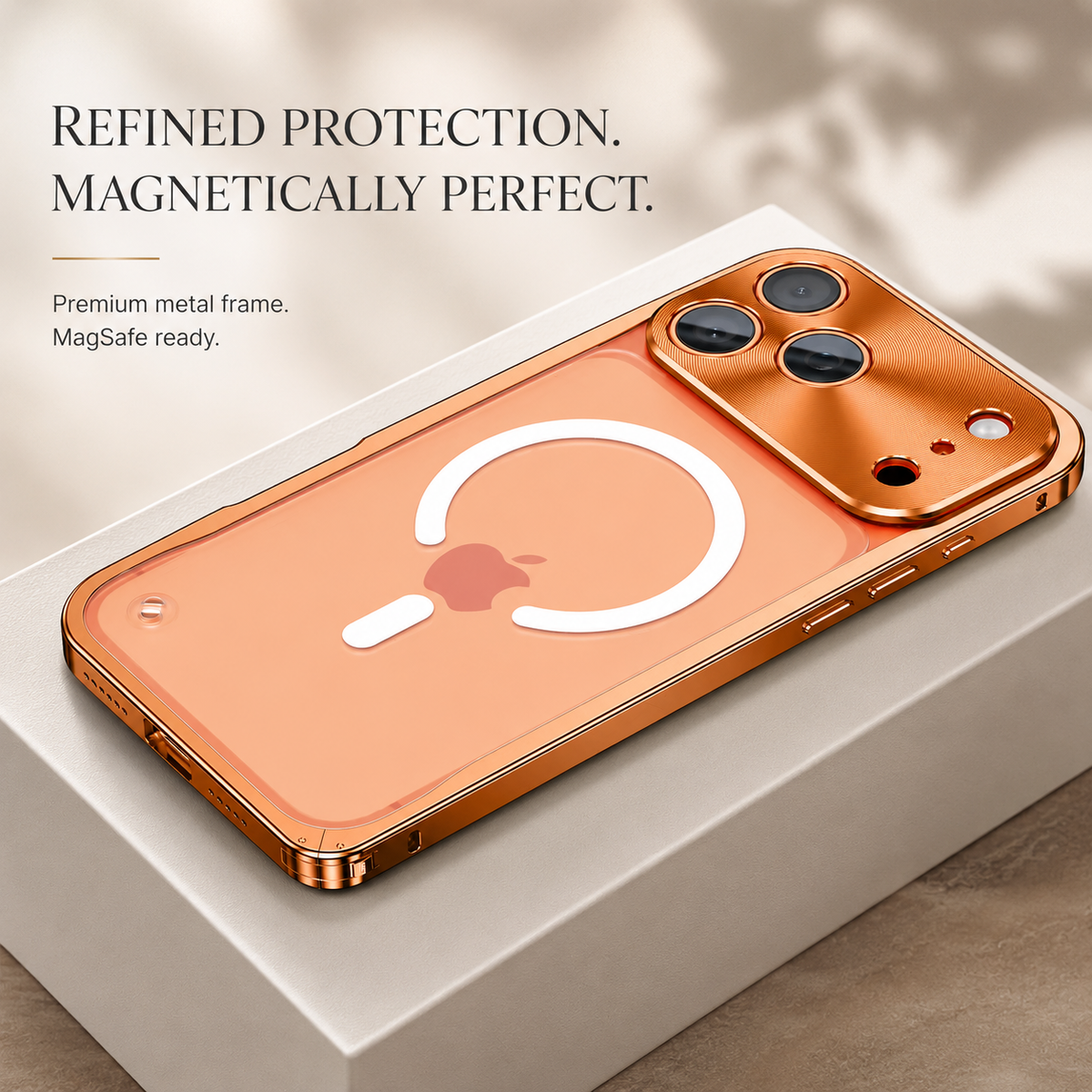 Orange-framed case lies face down on a white box, showing its frosted back, white magnetic ring, and broad camera panel beside text about protection and alignment.