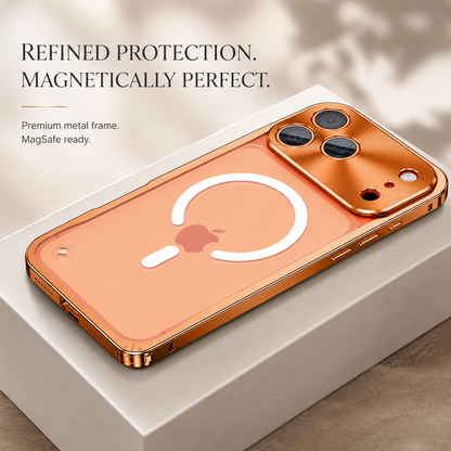 Orange-framed case lies face down on a white box, showing its frosted back, white magnetic ring, and broad camera panel beside text about protection and alignment.