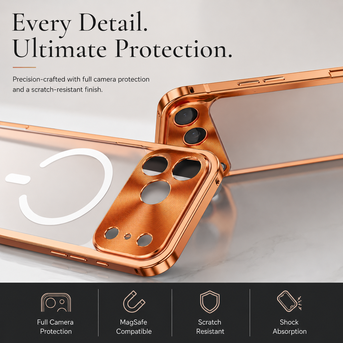 Close-up of orange case frames and camera panels shows lens and sensor cutouts. Text highlights magnetic compatibility, scratch resistance, and shock absorption.