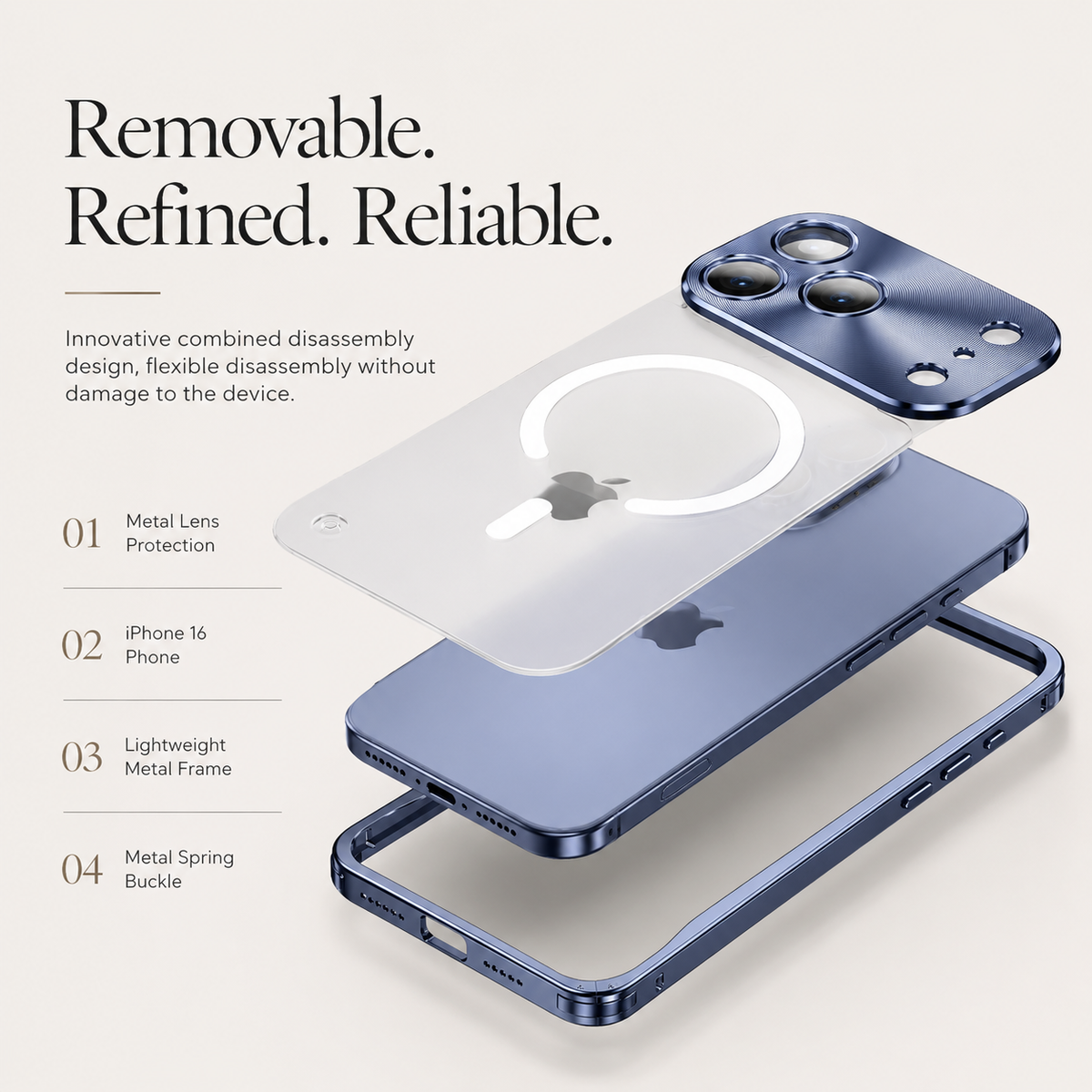 Exploded blue case diagram separates the camera panel, frosted rear panel with white magnetic ring, phone, and slim outer frame. Text highlights removable components.