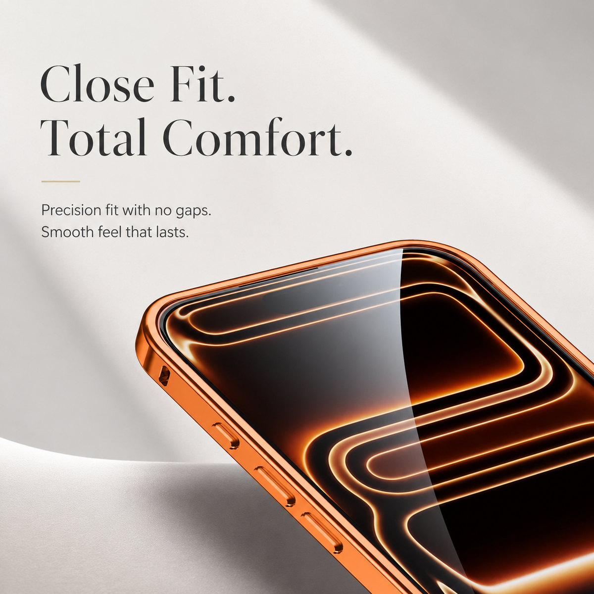 Close-up of an orange case's raised screen edge and upper corner shows a snug border around the phone. Text highlights a close fit without gaps.